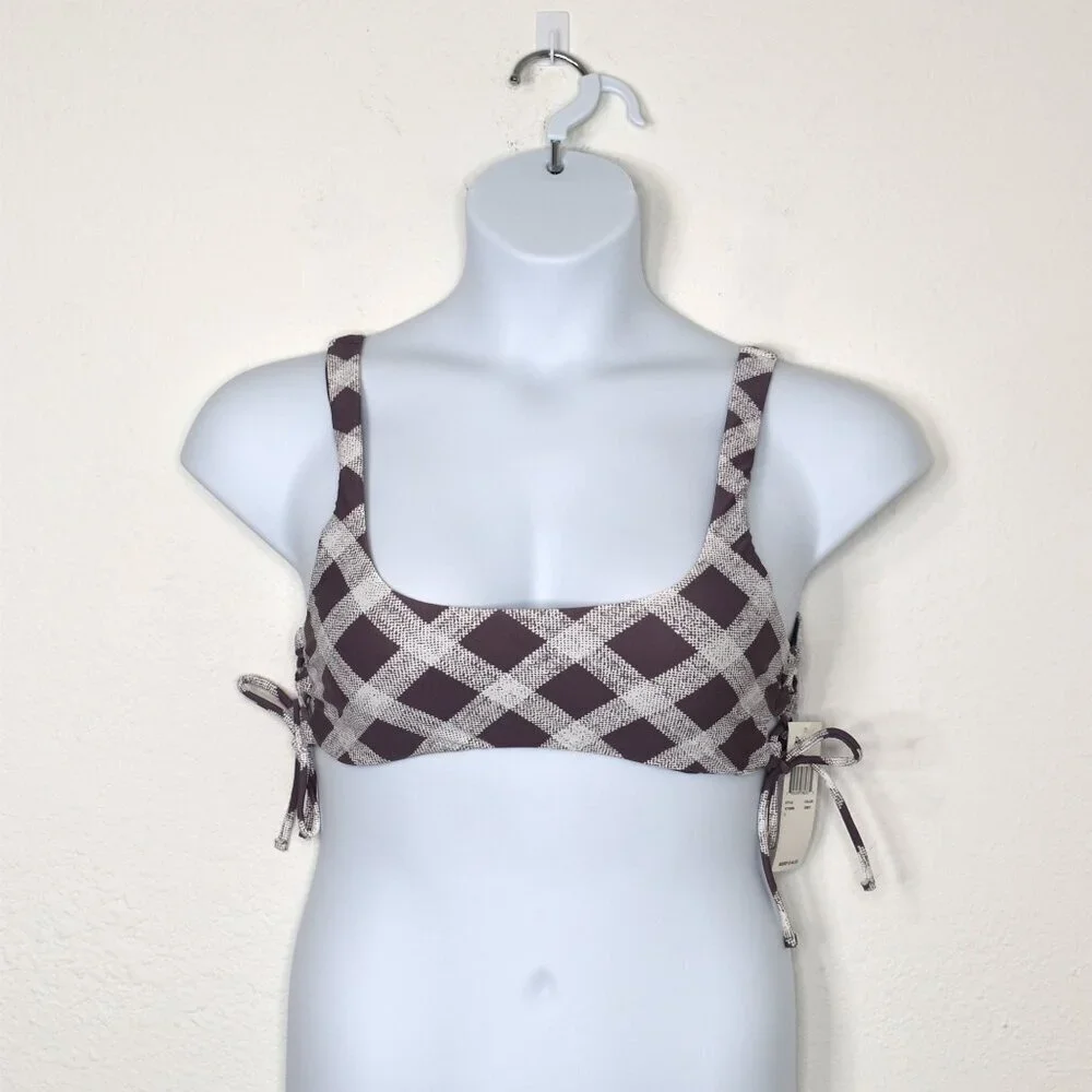 Raisins Bikini Top Bralette Swim Sz L Plaid Demi Cups Adjustable Preppy Boho NWT